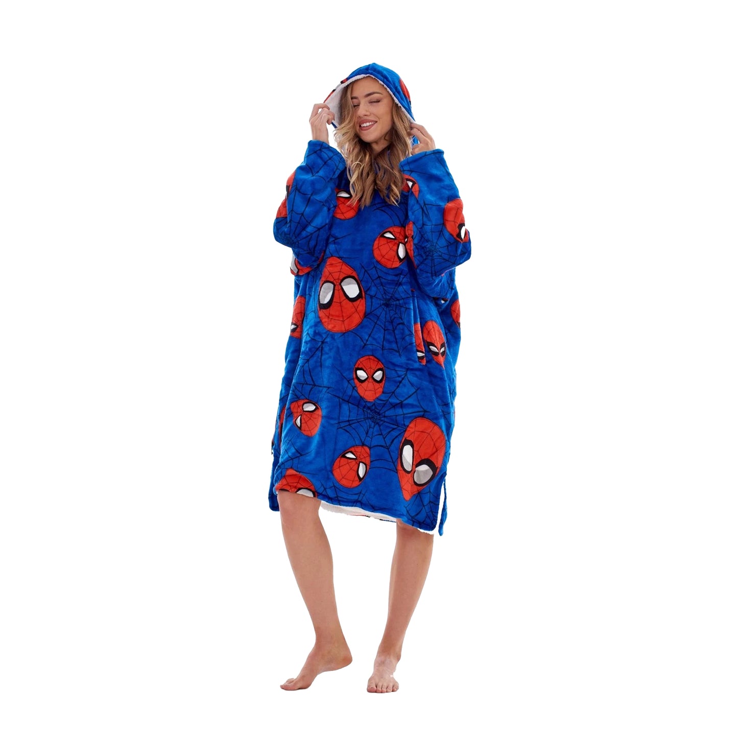 Blue-Red - Side - Spider-Man Childrens-Kids Fleece Sherpa Lined Oversized Blanket Hoodie