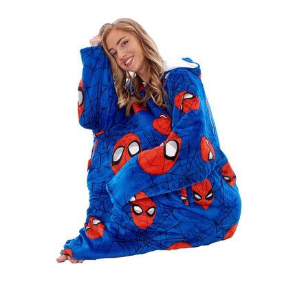 Blue-Red - Back - Spider-Man Childrens-Kids Fleece Sherpa Lined Oversized Blanket Hoodie