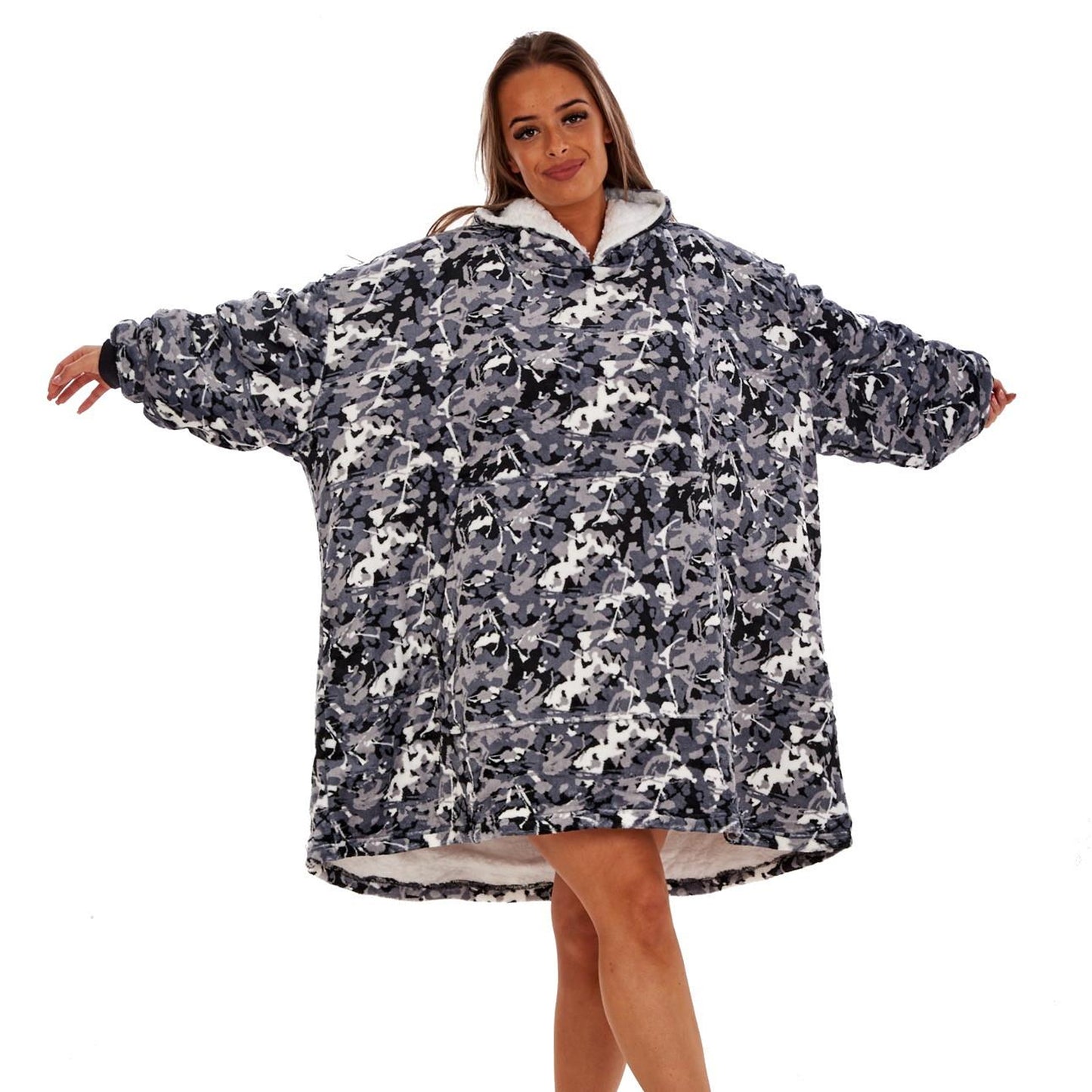 White - Side - Keanu Unisex Adult Camouflage Fleece Sherpa Lined Oversized Blanket Hoodie