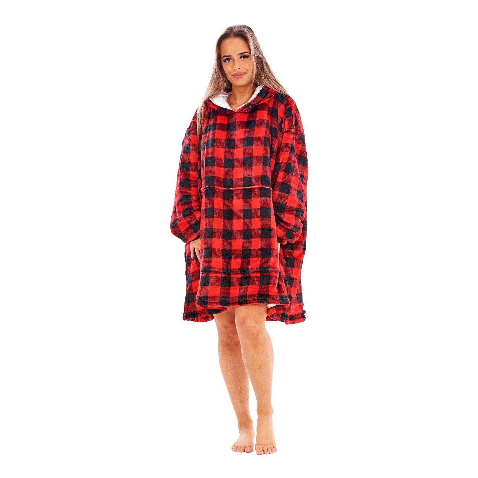 Red-Black - Lifestyle - Keanu Unisex Adult Checked Fleece Sherpa Lined Oversized Blanket Hoodie