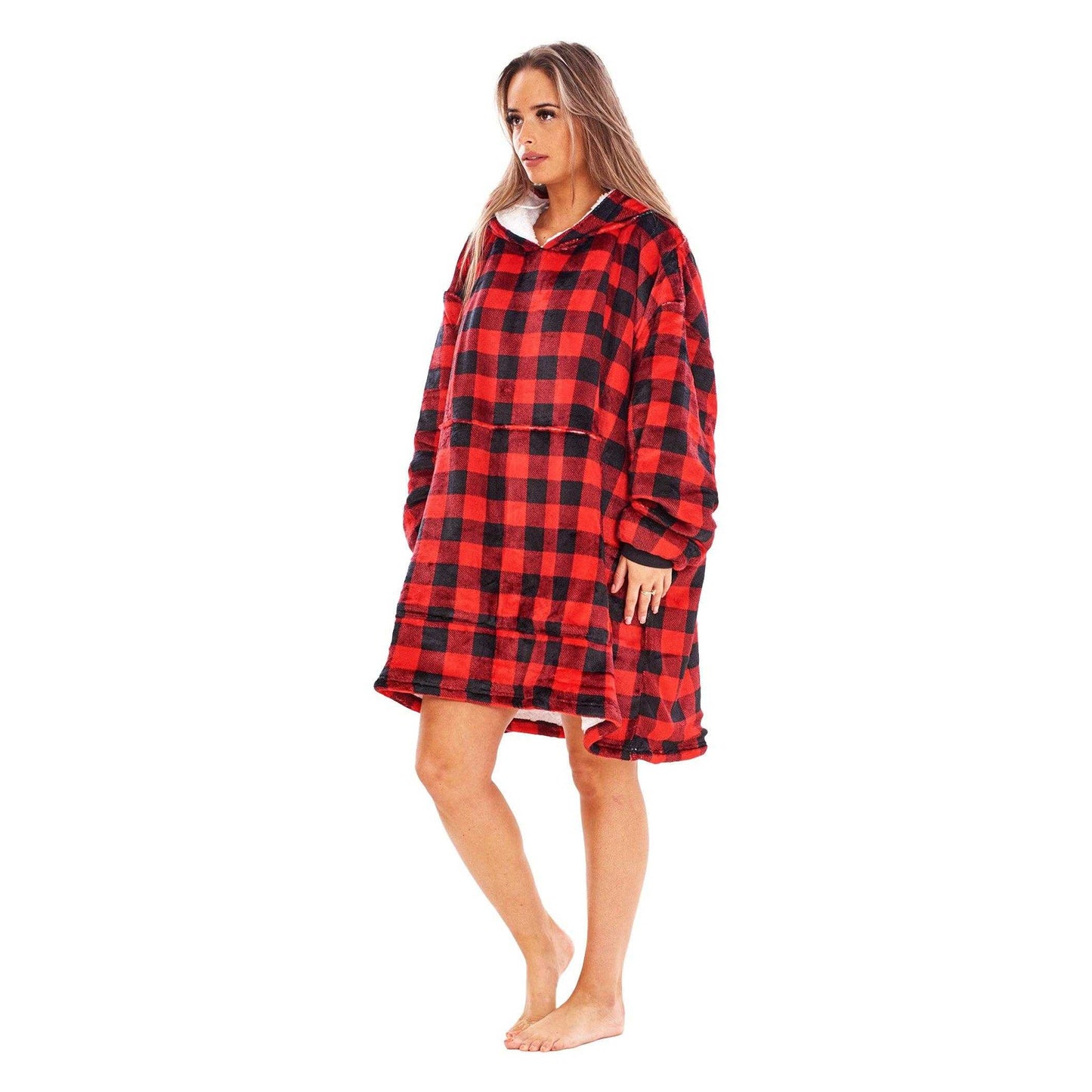 Red-Black - Side - Keanu Unisex Adult Checked Fleece Sherpa Lined Oversized Blanket Hoodie