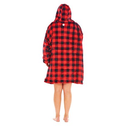 Red-Black - Back - Keanu Unisex Adult Checked Fleece Sherpa Lined Oversized Blanket Hoodie