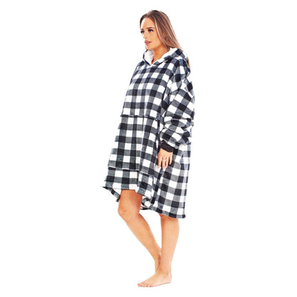 White-Black - Back - Keanu Unisex Adult Checked Fleece Sherpa Lined Oversized Blanket Hoodie