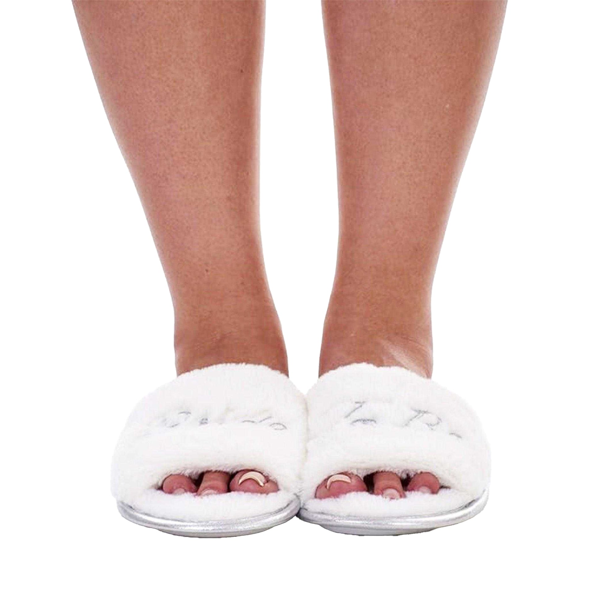 White - Side - Keanu Womens-Ladies Bride to Be Glitter Faux Fur Mule Slippers