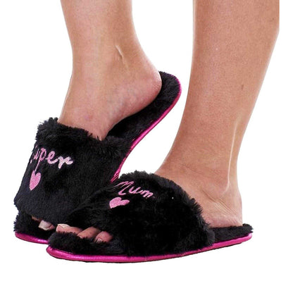 Black - Side - Keanu Womens-Ladies Super Mum Faux Fur Lined Slip-on Mules