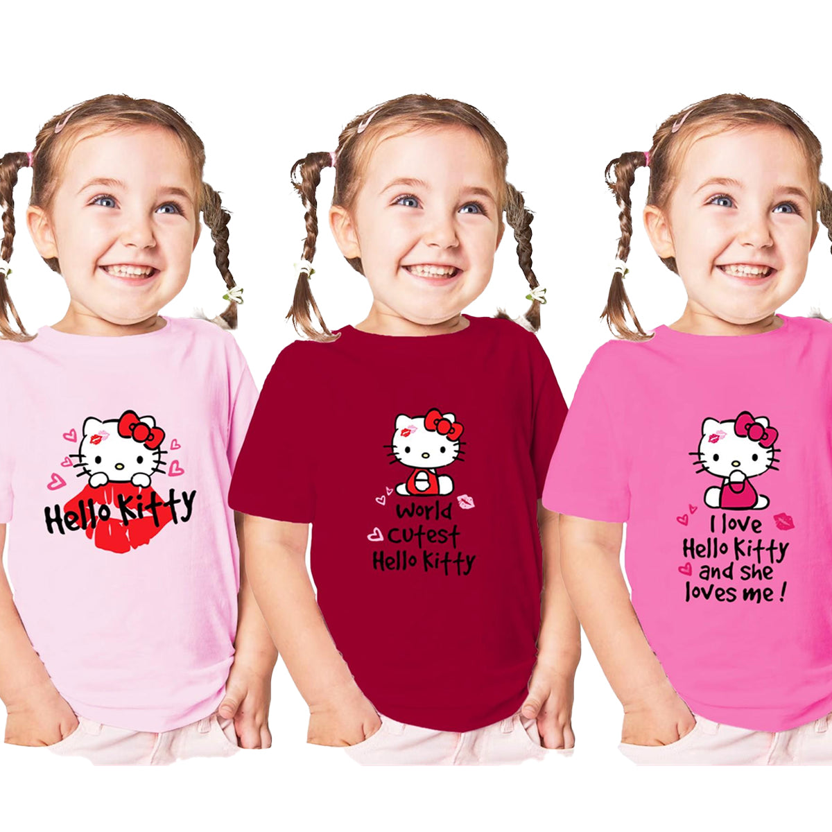 Pink-Light Pink-Red - Back - Hello Kitty Childrens-Kids T-Shirt (Pack of 3)