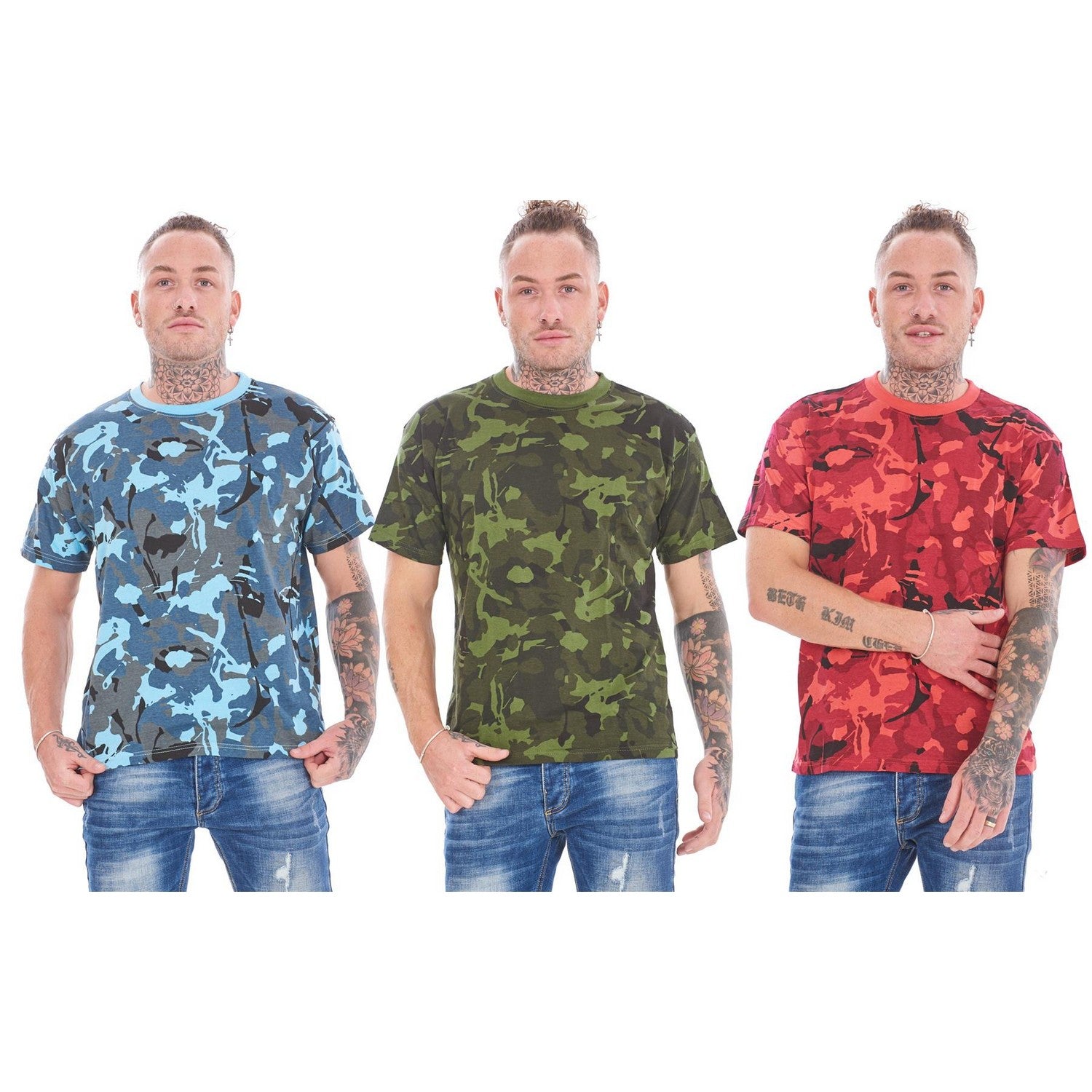 Blue-Green-Red - Front - Keanu Mens Camouflage T-Shirt (Pack of 3)