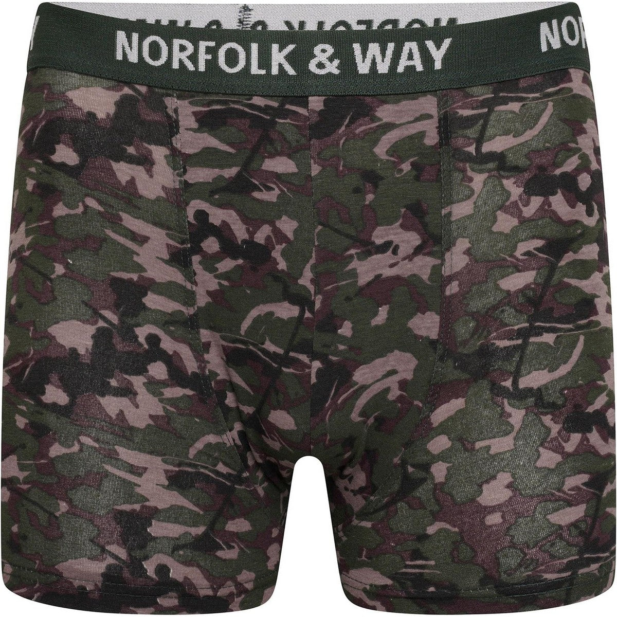 Blue-Red-Olive-Sand-Green-Grey - Side - Norfolk & Way Mens Camouflage Cotton Blend Boxer Shorts (Pack of 6)