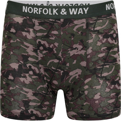 Blue-Red-Olive-Sand-Green-Grey - Side - Norfolk & Way Mens Camouflage Cotton Blend Boxer Shorts (Pack of 6)