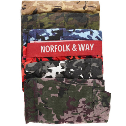 Blue-Red-Olive-Sand-Green-Grey - Lifestyle - Norfolk & Way Mens Camouflage Cotton Blend Boxer Shorts (Pack of 6)