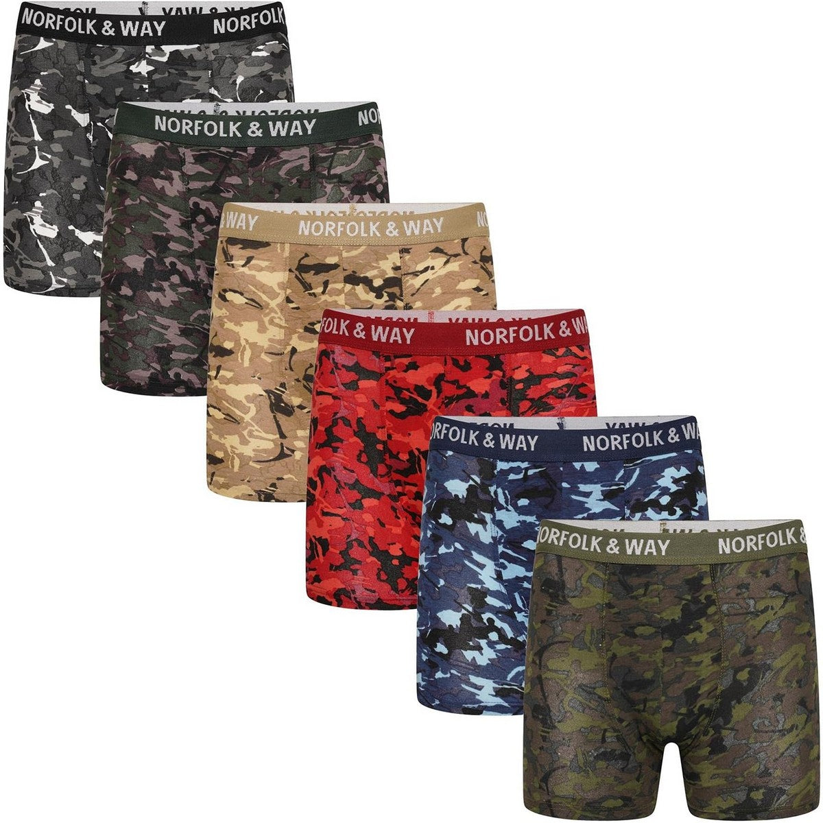 Blue-Red-Olive-Sand-Green-Grey - Front - Norfolk & Way Mens Camouflage Cotton Blend Boxer Shorts (Pack of 6)