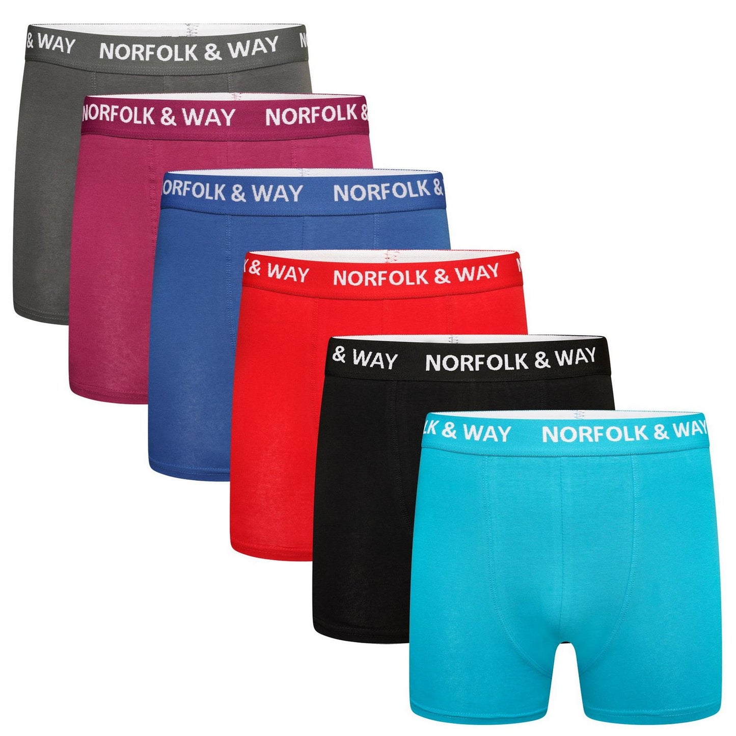 Blue-Black-Red-Royal Blue-Burgundy-Dark Grey - Front - Norfolk & Way Mens Cotton Blend Boxer Shorts (Pack of 6)
