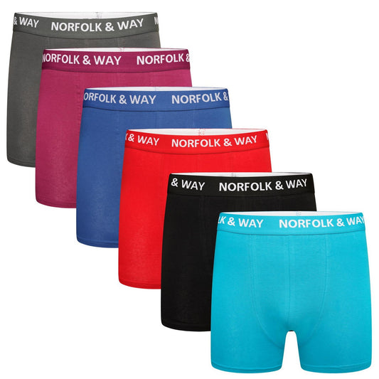 Blue-Black-Red-Royal Blue-Burgundy-Dark Grey - Front - Norfolk & Way Mens Cotton Blend Boxer Shorts (Pack of 6)
