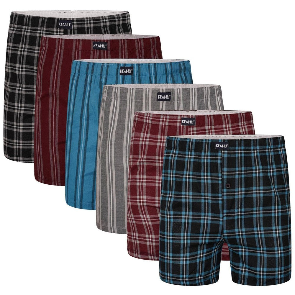 Multicoloured - Front - Keanu Mens Patterned Woven Boxer Shorts (Pack of 6)
