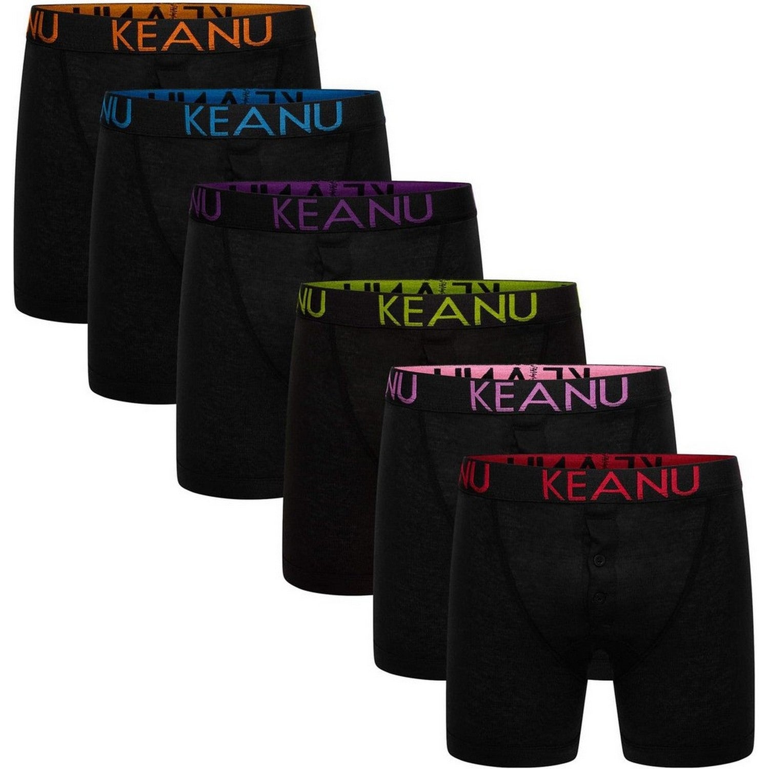 Orange-Blue-Purple-Green-Pink-Red-Black - Front - Keanu Mens Neon Cotton Blend Boxer Shorts (Pack of 6)