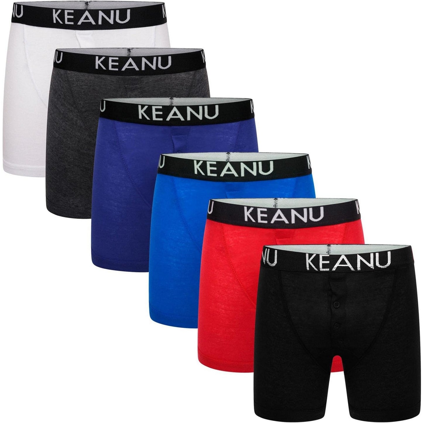 Red-Blue-Black-Royal Blue-Dark Grey-White - Front - Keanu Mens Cotton Blend Boxer Shorts (Pack of 6)