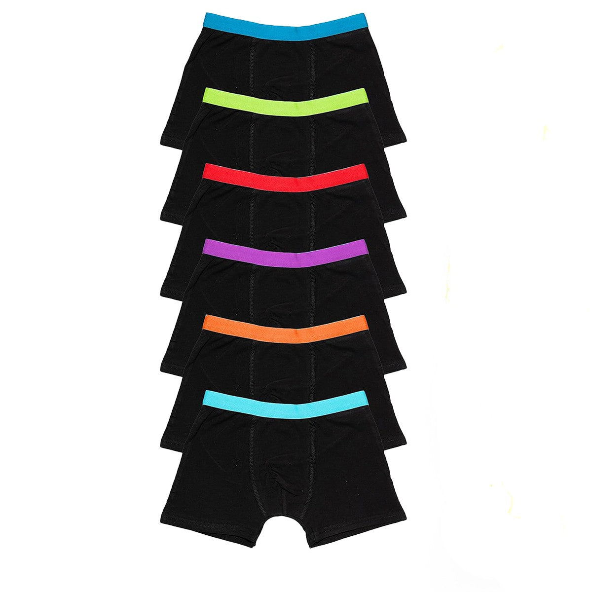 Black-Red-Blue-Orange-Purple-Yellow - Front - Keanu Boys Cotton Blend Boxer Shorts (Pack Of 6)