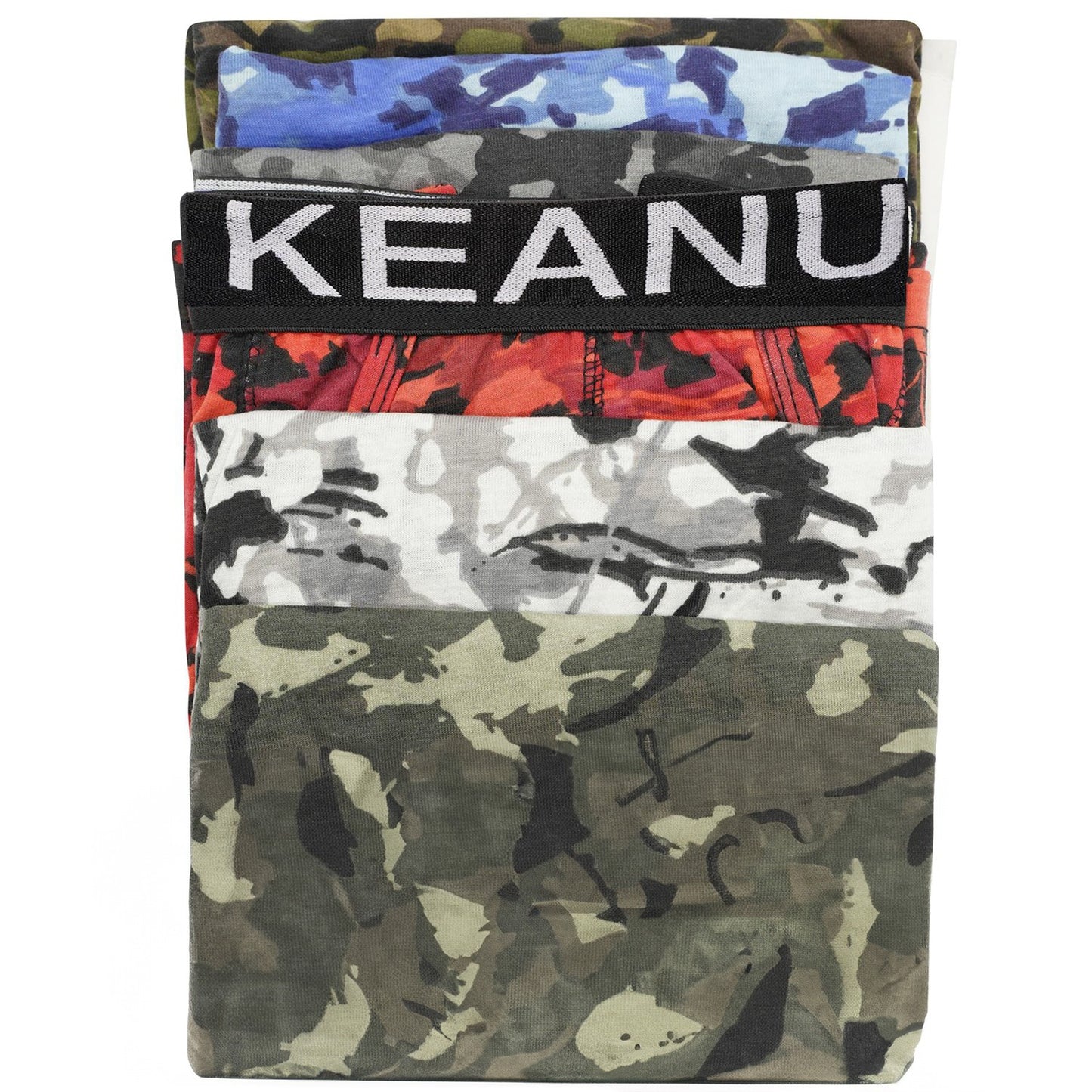 Grey-White-Green-Red-Blue-Olive - Back - Keanu Mens Camouflage Cotton Blend Boxer Shorts (Pack of 6)
