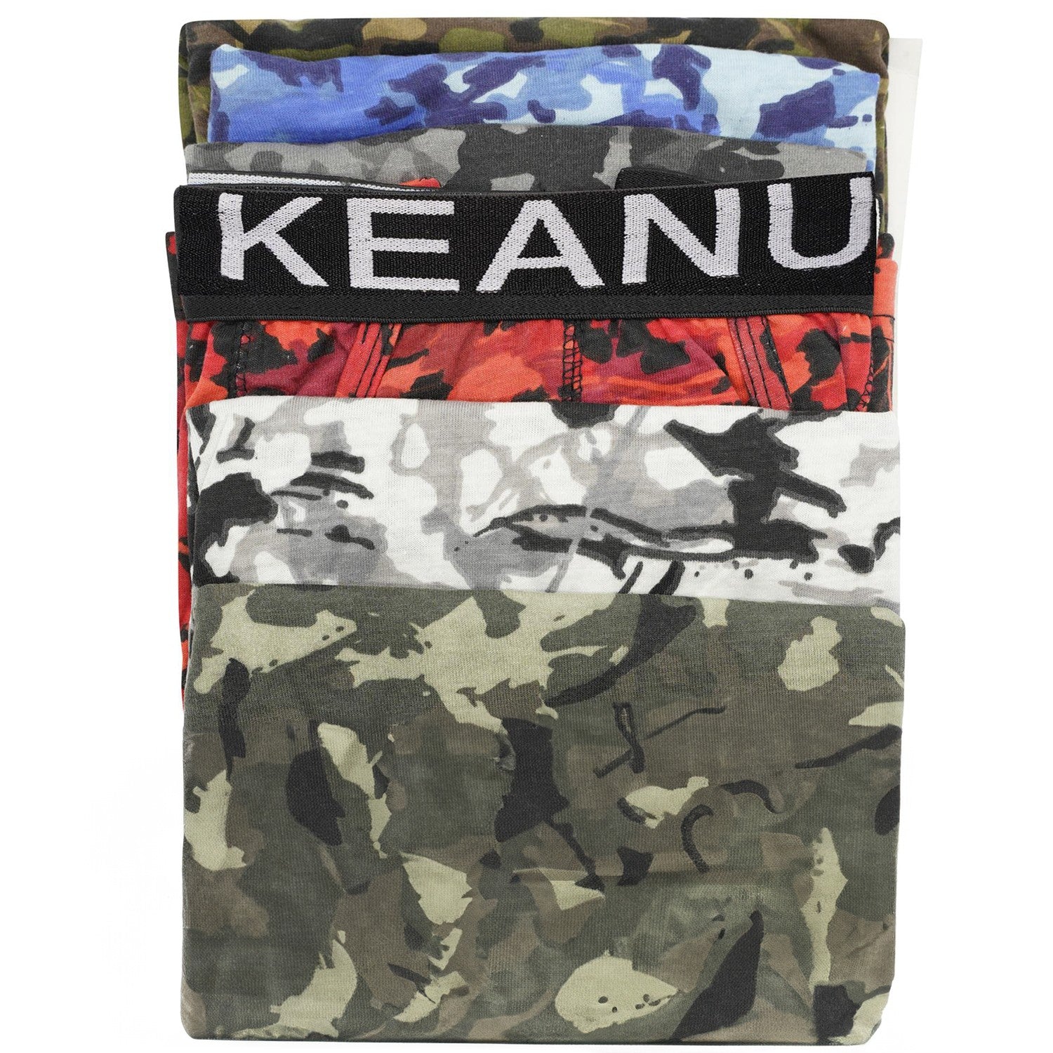Grey-White-Green-Red-Blue-Olive - Back - Keanu Mens Camouflage Cotton Blend Boxer Shorts (Pack of 6)