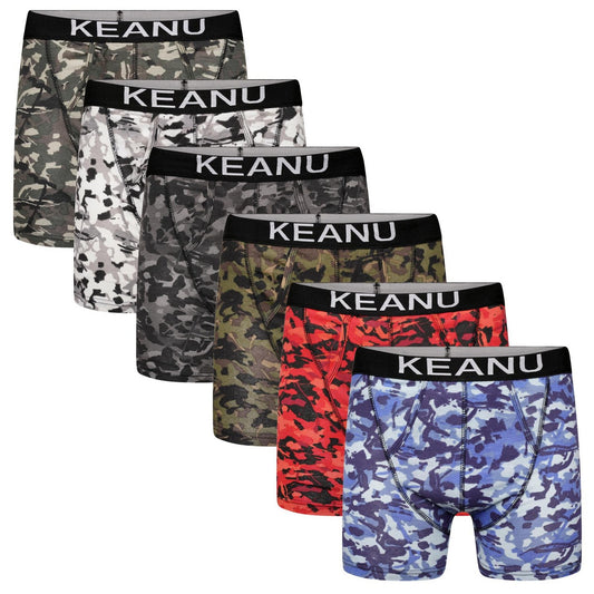 Grey-White-Green-Red-Blue-Olive - Front - Keanu Mens Camouflage Cotton Blend Boxer Shorts (Pack of 6)
