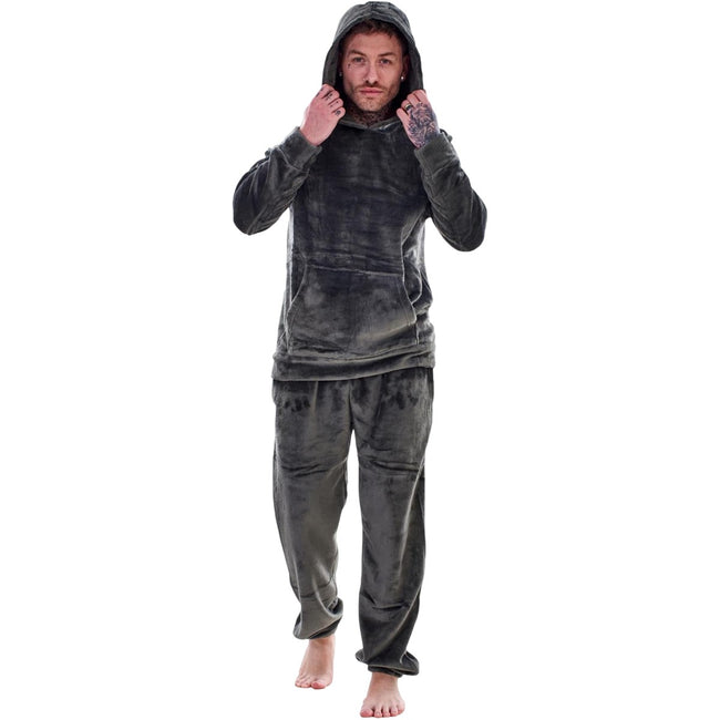 Grey - Front - Keanu Mens Fleece Hooded Pyjama Set