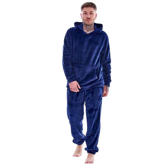 Navy - Side - Keanu Mens Fleece Hooded Pyjama Set