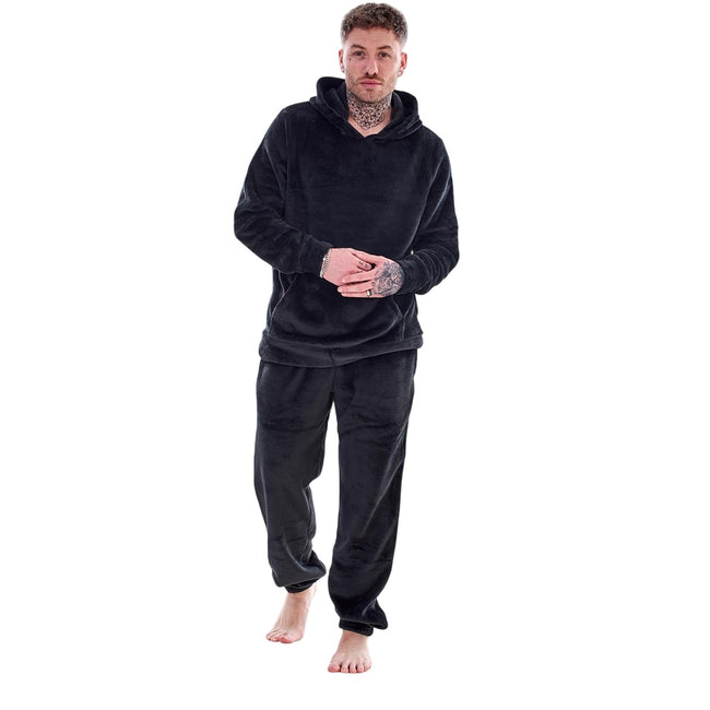 Black - Side - Keanu Mens Fleece Hooded Pyjama Set