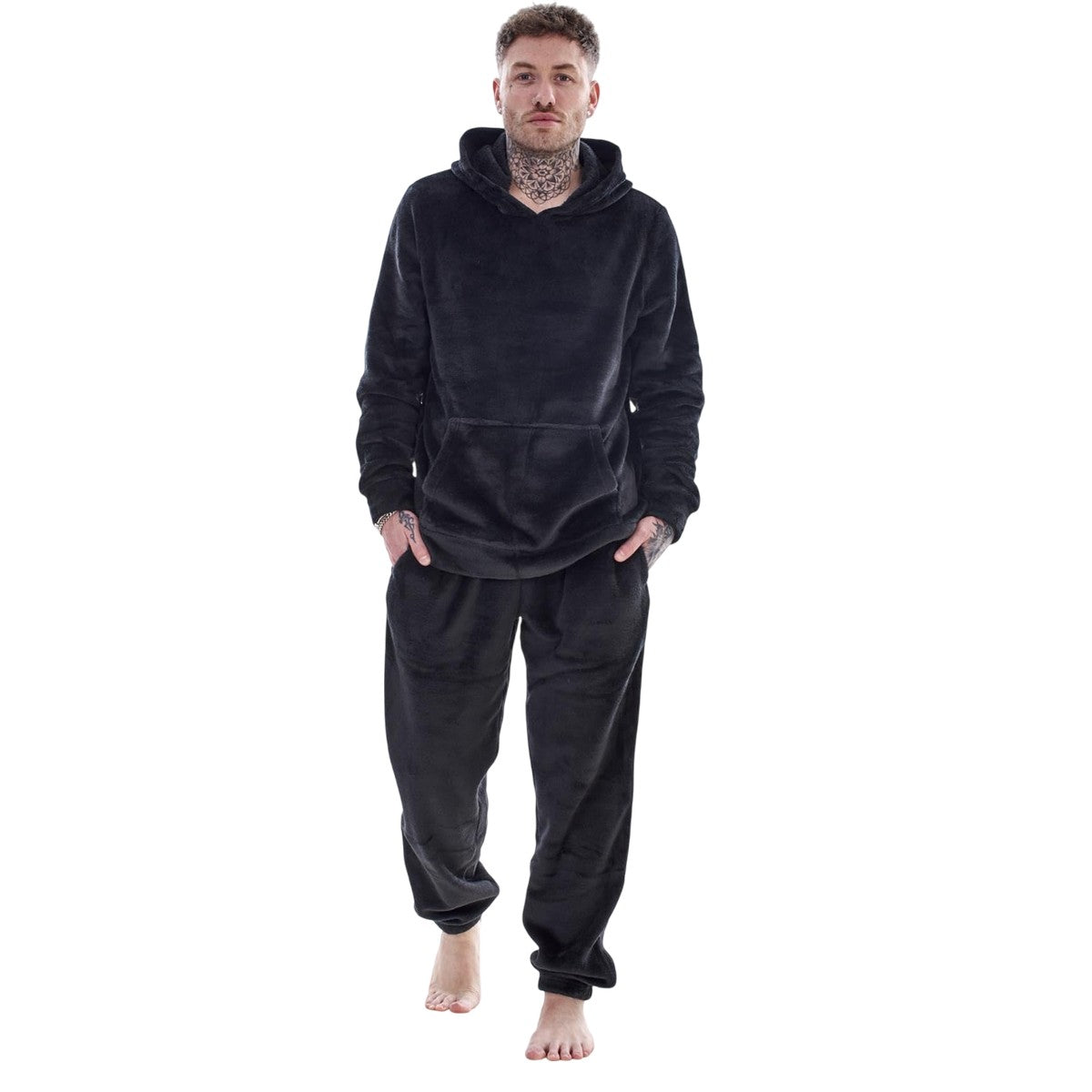 Black - Front - Keanu Mens Fleece Hooded Pyjama Set