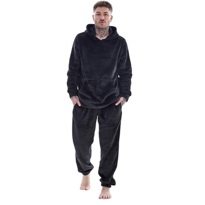 Black - Front - Keanu Mens Fleece Hooded Pyjama Set