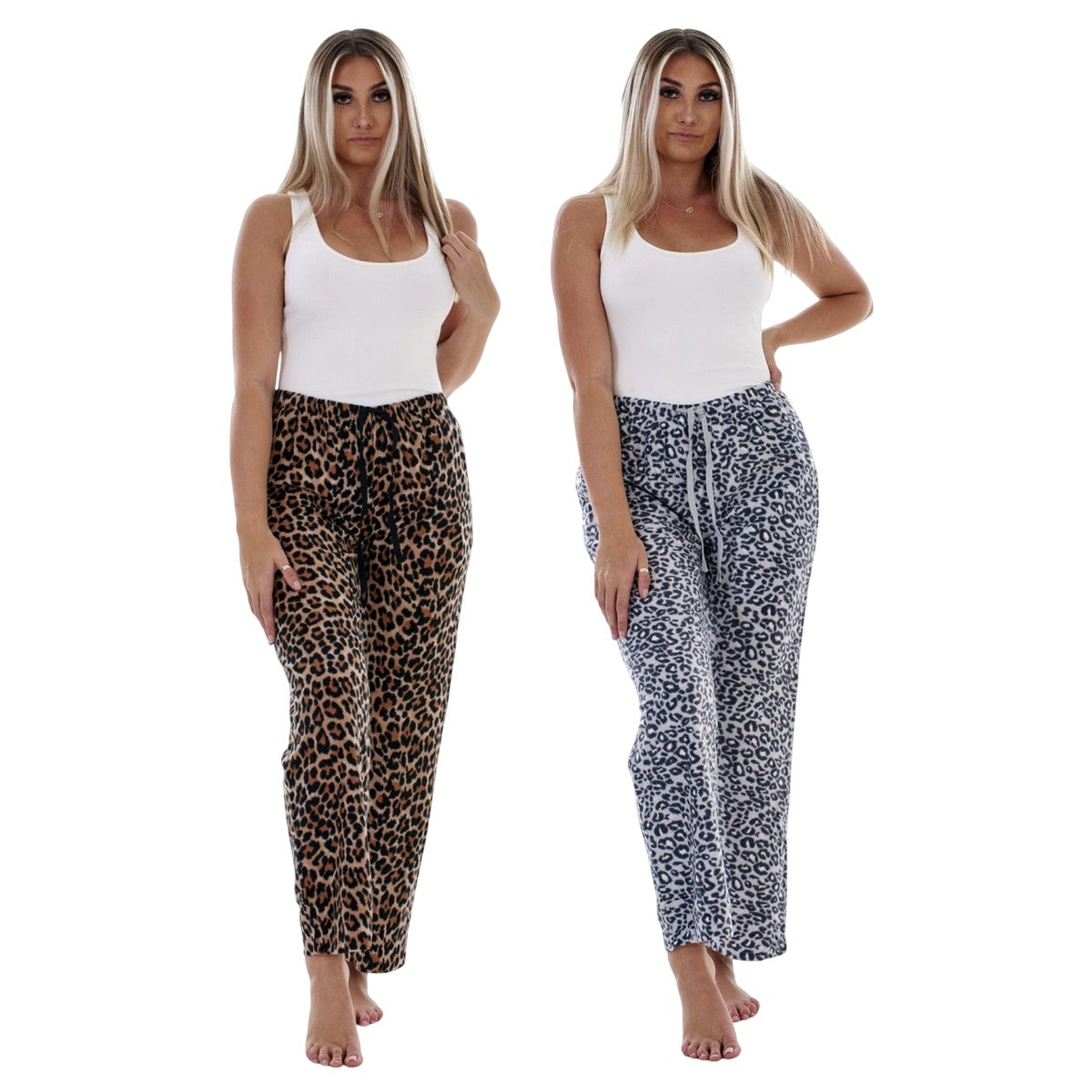 Multicoloured - Pack Shot - Keanu Womens-Ladies Fleece Leopard Print Lounge Pants (Pack of 2)