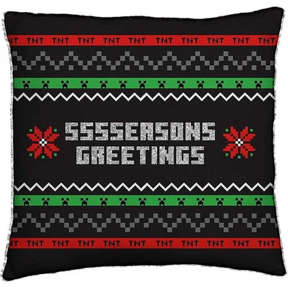 Black-Red-Green - Front - Minecraft Seasons Greetings Square Christmas Filled Cushion