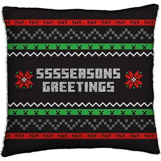 Black-Red-Green - Front - Minecraft Seasons Greetings Square Christmas Filled Cushion