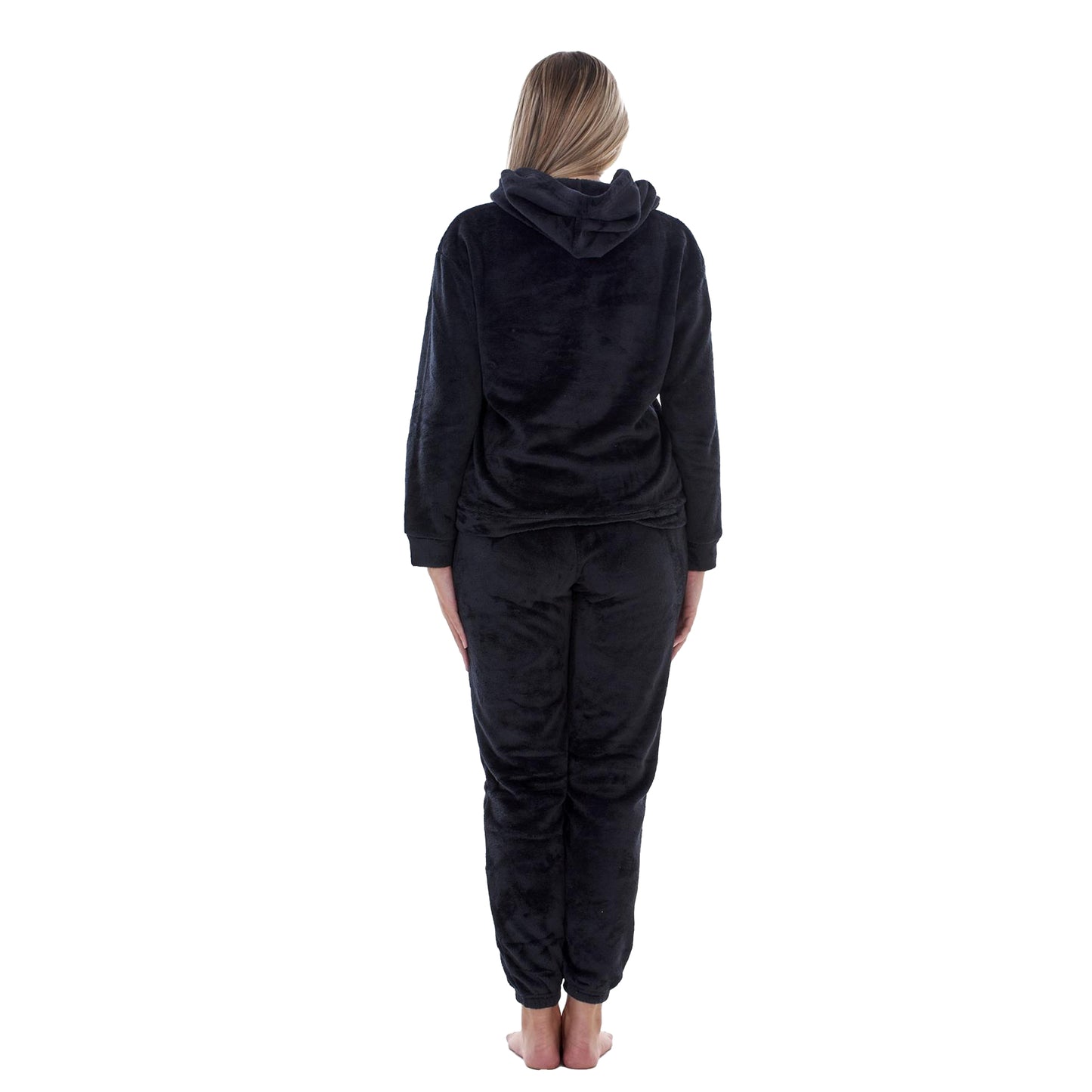 Black - Back - Keanu Womens-Ladies Fleece Pull Over Long Pyjama Set