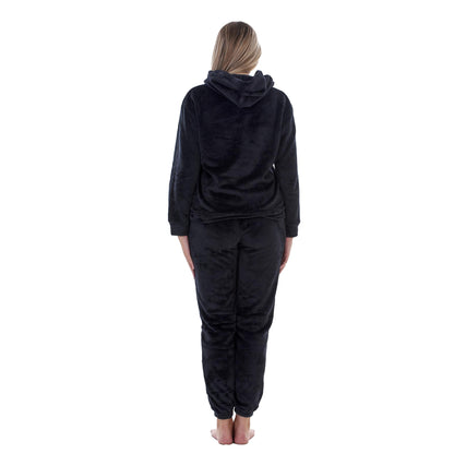 Black - Back - Keanu Womens-Ladies Fleece Pull Over Long Pyjama Set