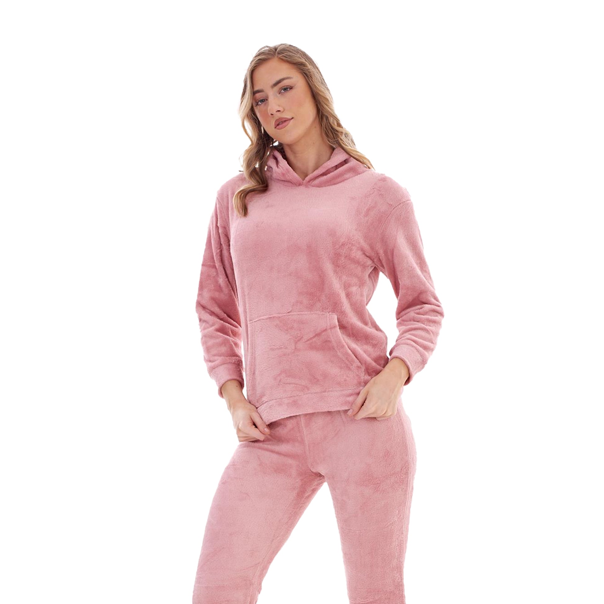 Pink - Back - Keanu Womens-Ladies Fleece Pull Over Long Pyjama Set