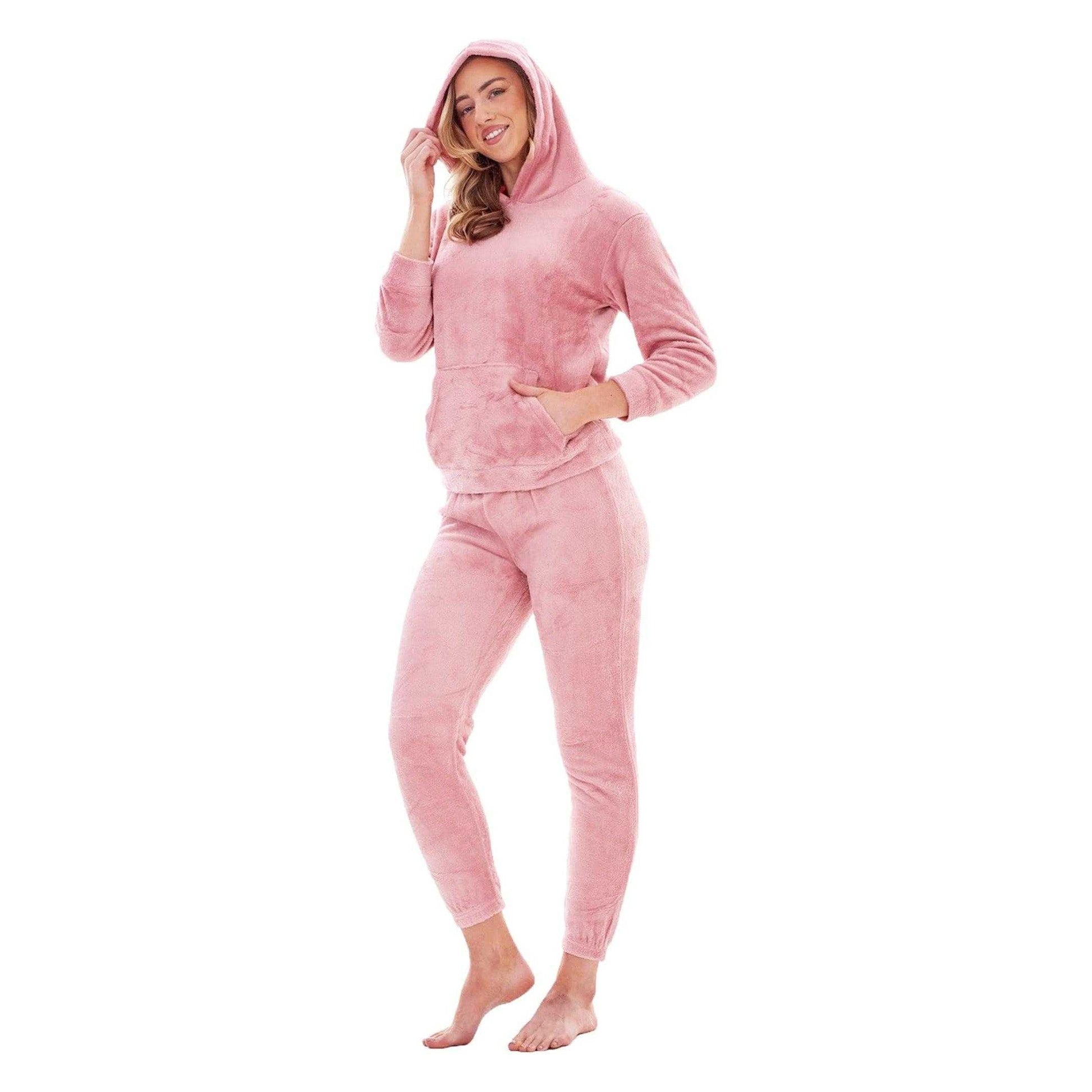 Pink - Side - Keanu Womens-Ladies Fleece Pull Over Long Pyjama Set