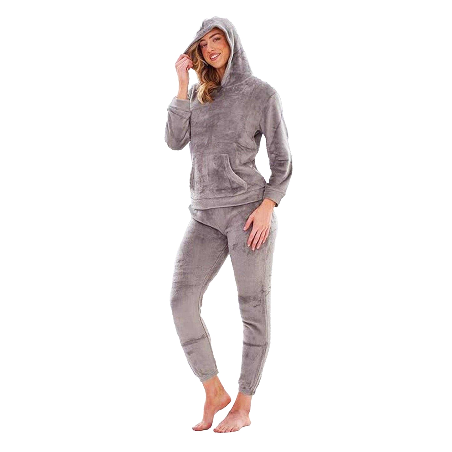 Grey - Front - Keanu Womens-Ladies Fleece Pull Over Long Pyjama Set