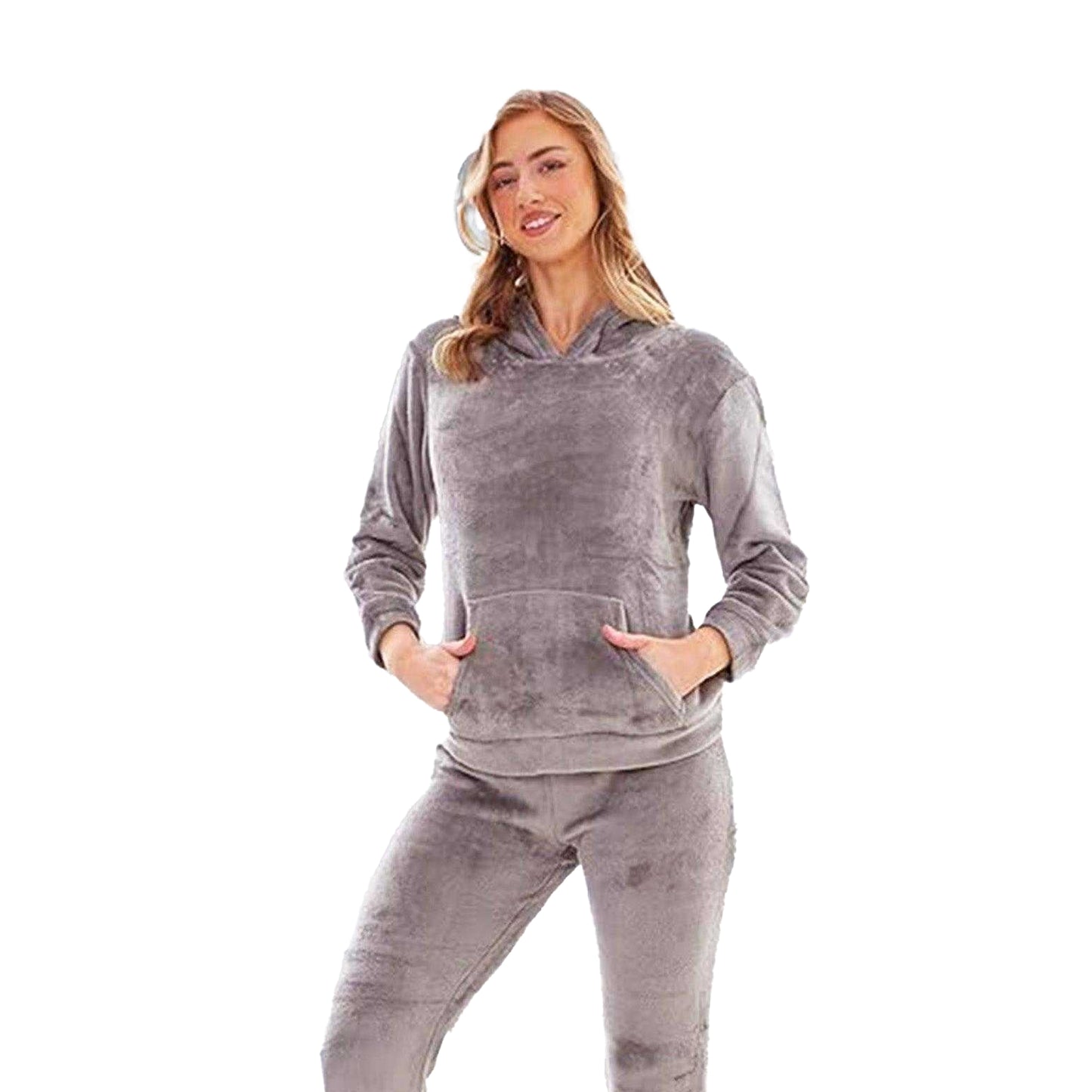 Grey - Back - Keanu Womens-Ladies Fleece Pull Over Long Pyjama Set