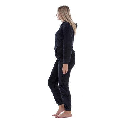 Black - Side - Keanu Womens-Ladies Fleece Pull Over Long Pyjama Set