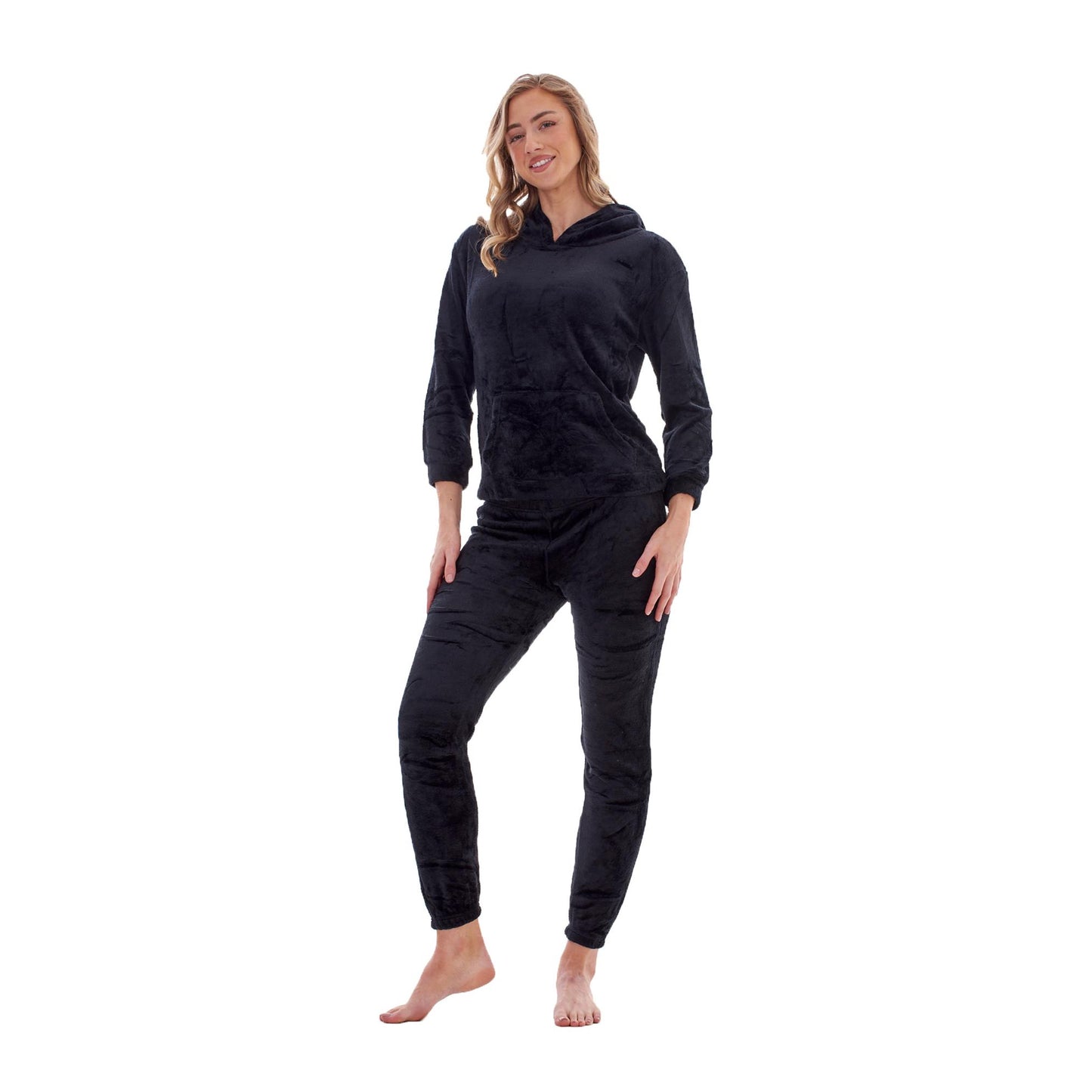 Black - Lifestyle - Keanu Womens-Ladies Fleece Pull Over Long Pyjama Set