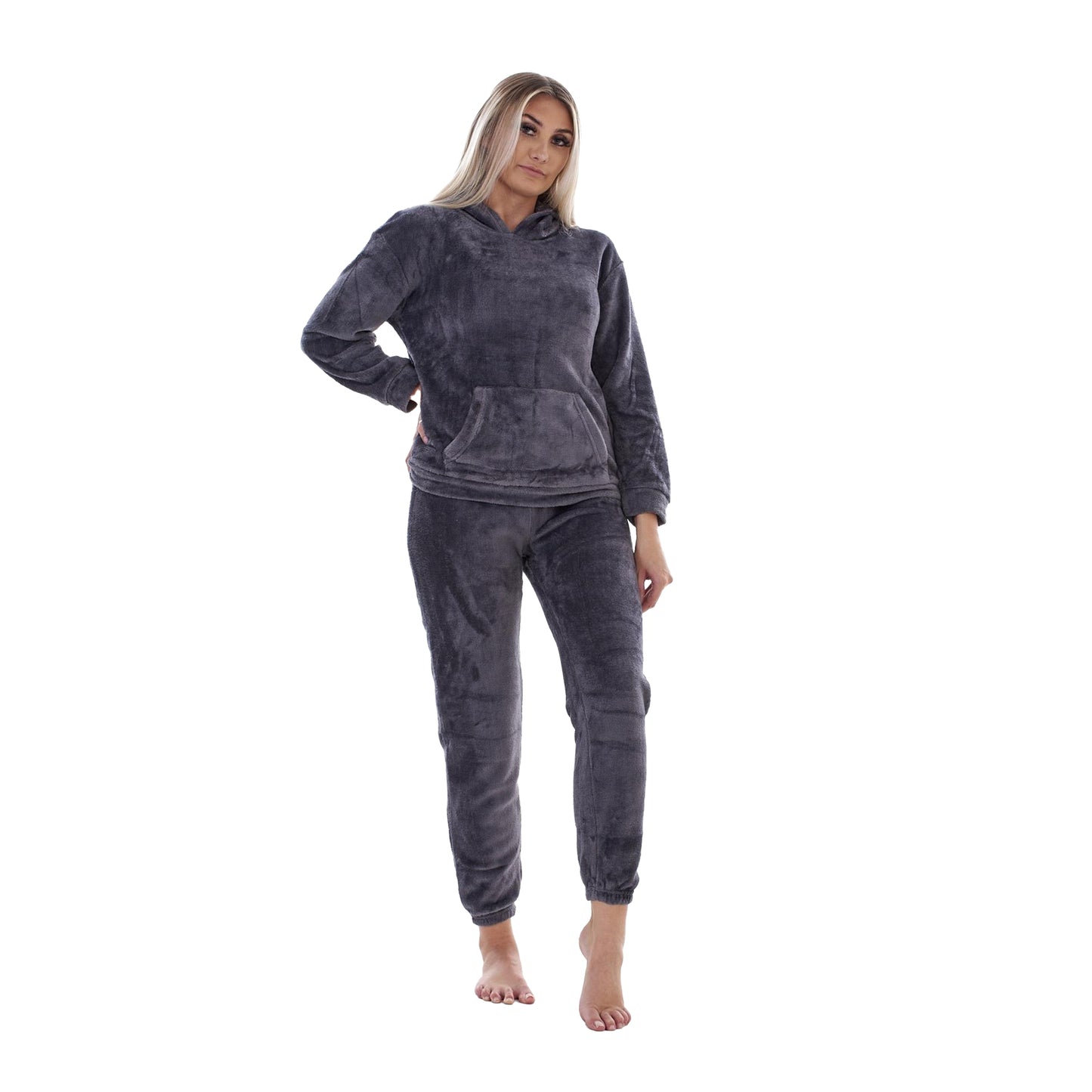 Charcoal - Front - Keanu Womens-Ladies Fleece Pull Over Long Pyjama Set
