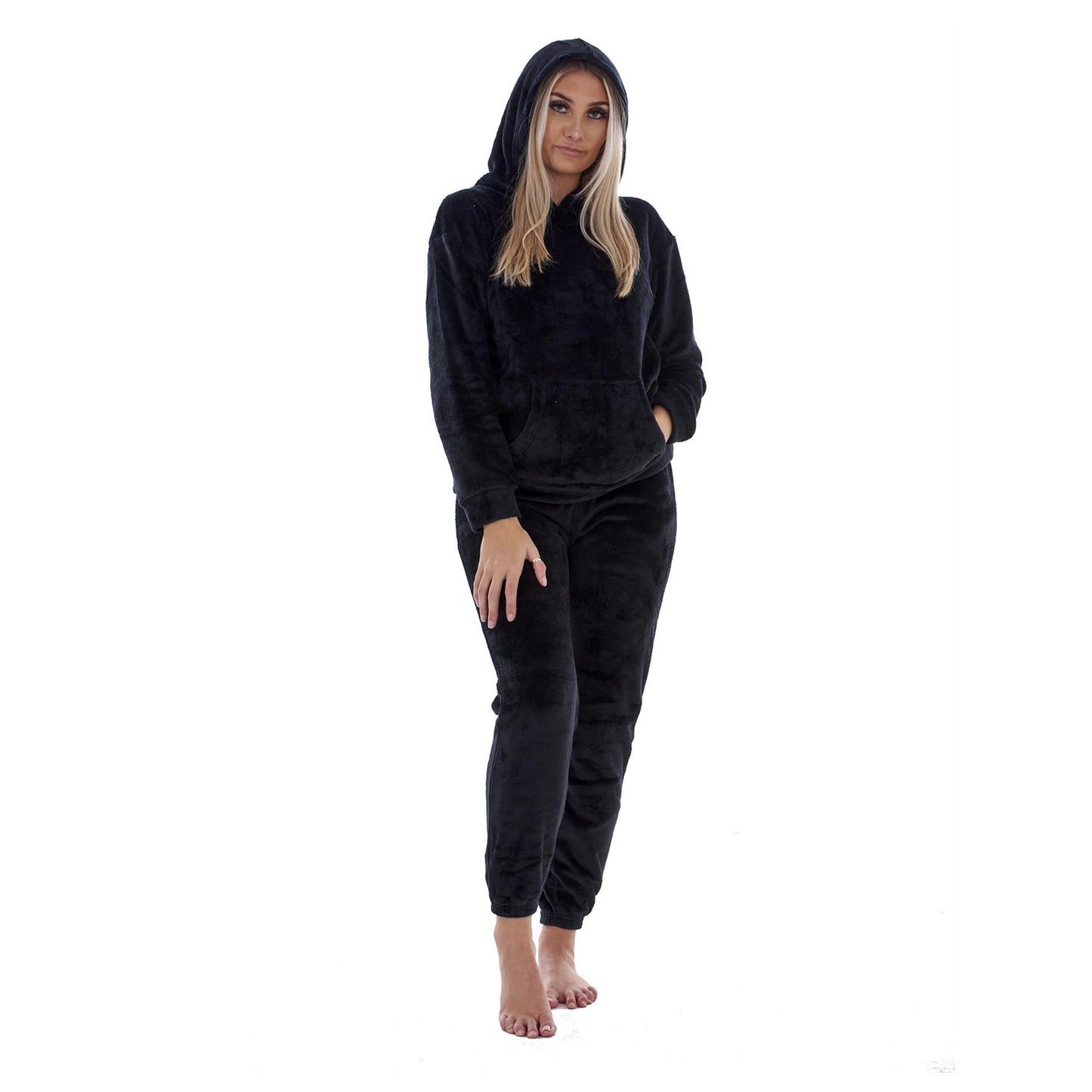 Black - Front - Keanu Womens-Ladies Fleece Pull Over Long Pyjama Set