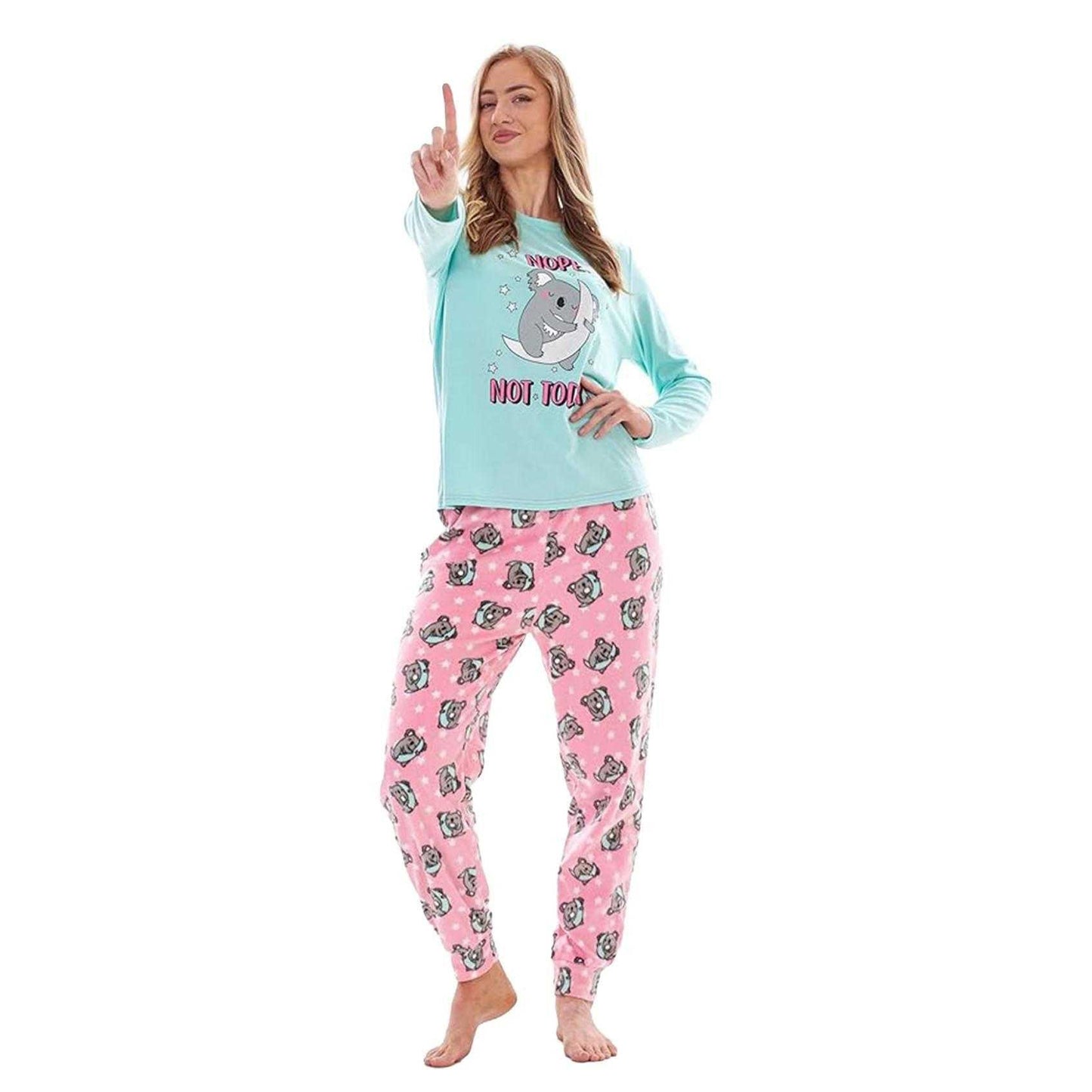Blue-Pink - Side - Keanu Womens-Ladies Not Today Koala Microfleece Long Pyjama Set
