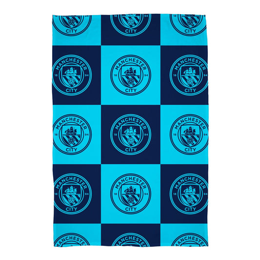 Navy Blue-Blue-White - Front - Manchester City FC Fleece Checkered Blanket