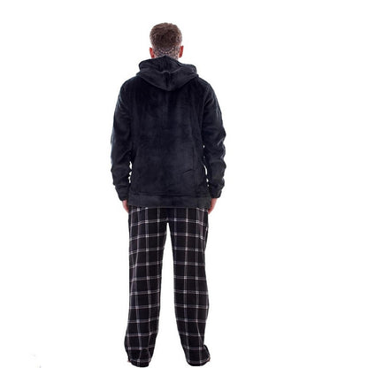 Black - Back - Keanu Mens Checked Zipped Long Pyjama Set