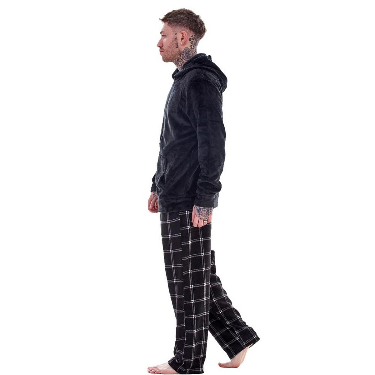 Black - Side - Keanu Mens Checked Zipped Long Pyjama Set