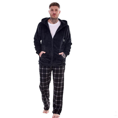 Black - Lifestyle - Keanu Mens Checked Zipped Long Pyjama Set