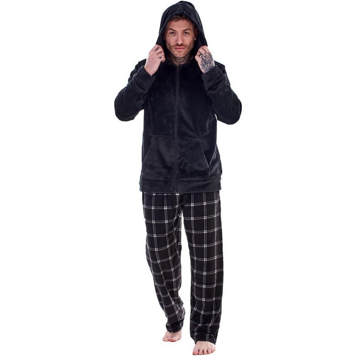 Black - Front - Keanu Mens Checked Zipped Long Pyjama Set