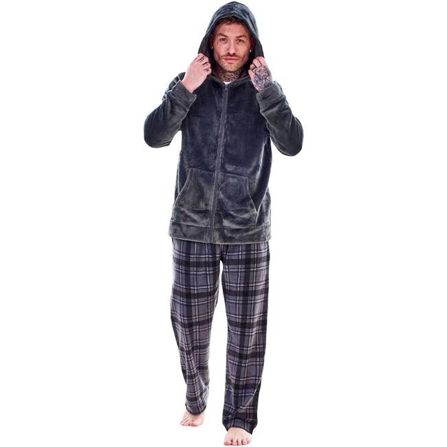 Charcoal - Side - Keanu Mens Checked Microfleece Zipped Long Pyjama Set