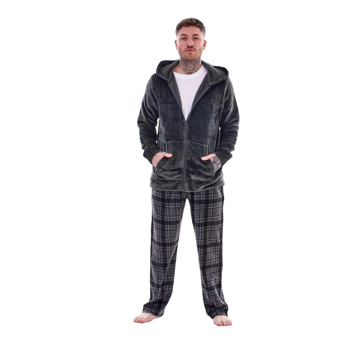 Charcoal - Front - Keanu Mens Checked Microfleece Zipped Long Pyjama Set
